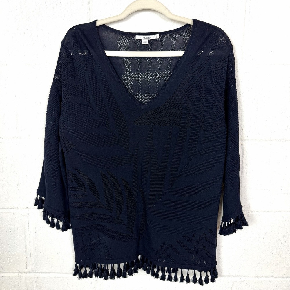 Chicos Sweater Sheer Black Floral Relaxed Tassels Layers Boho Island Resort M